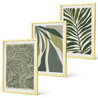 Wall art set green leaves with wavy lines