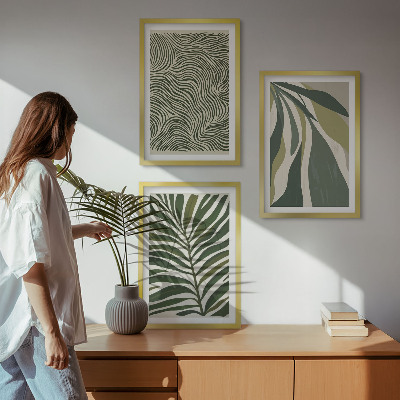 Wall art set Leaves wavy lines green