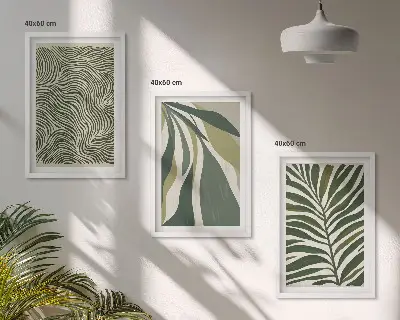 Wall art set green leaves with wavy lines