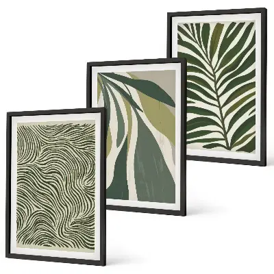 Wall art set green leaves with wavy lines