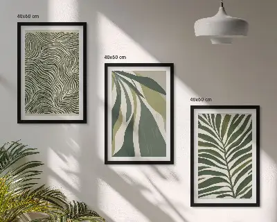 Wall art set green leaves with wavy lines