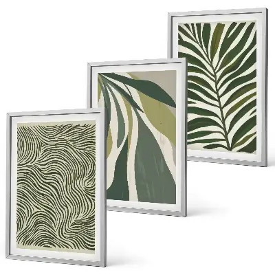Wall art set green leaves with wavy lines