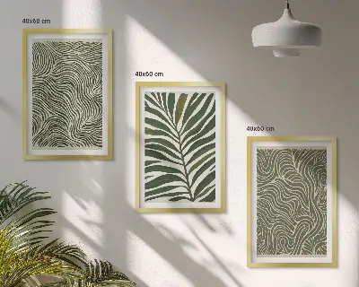 Set of 3 framed wall art pieces leaf patterns with wavy shapes