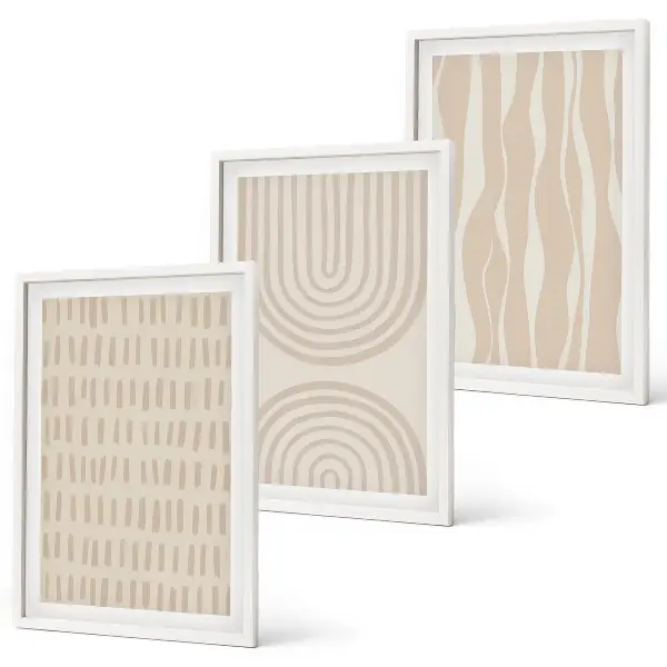 Three-piece abstract beige wall art with patterned design
