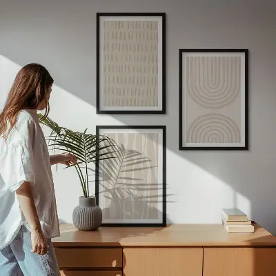 Three-piece abstract beige wall art with patterned design