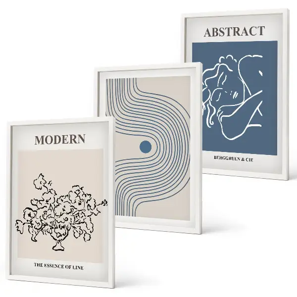 Set of 3 framed wall art pieces abstract floral line art posters