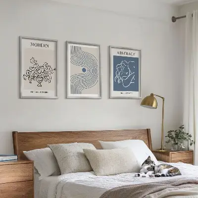 Set of 3 framed wall art pieces abstract floral line art posters