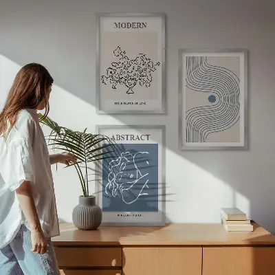 Set of 3 framed wall art pieces abstract floral line art posters