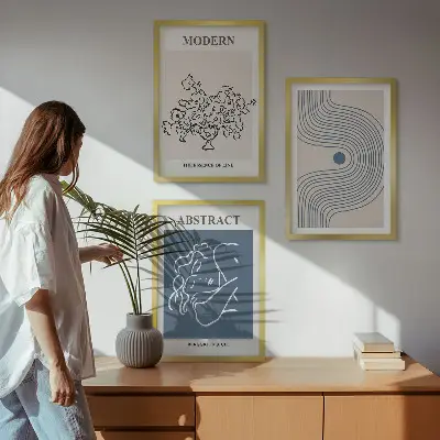 Set of 3 framed wall art pieces abstract floral line art posters