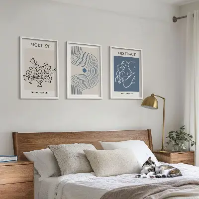 Set of 3 framed wall art pieces abstract floral line art posters