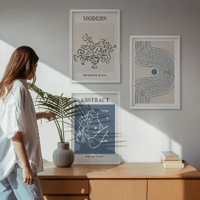 Set of 3 framed wall art pieces abstract floral line art posters