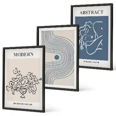 Set of 3 framed wall art pieces abstract floral line art posters