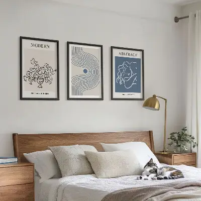 Set of 3 framed wall art pieces abstract floral line art posters