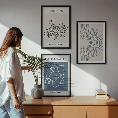 Set of 3 framed wall art pieces abstract floral line art posters
