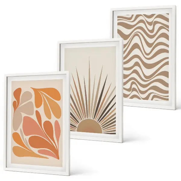 Three-piece boho sun wall art set pastel abstract shapes