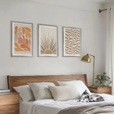 Three-piece boho sun wall art set pastel abstract shapes