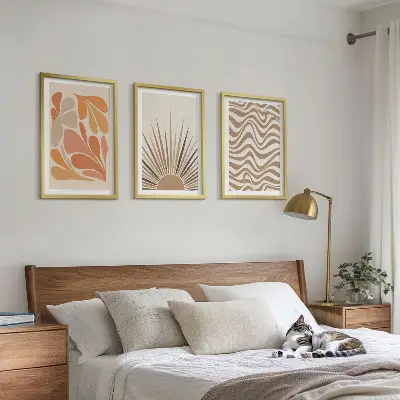 Three-piece boho sun wall art set pastel abstract shapes