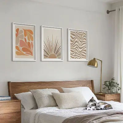 Three-piece boho sun wall art set pastel abstract shapes