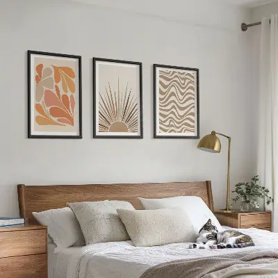 Three-piece boho sun wall art set pastel abstract shapes