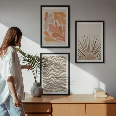 Three-piece boho sun wall art set pastel abstract shapes