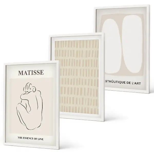 Wall art set with beige and white linear shapes