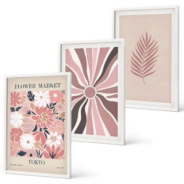 Three-piece floral and geometric wall art set featuring leaf patterns and geometry
