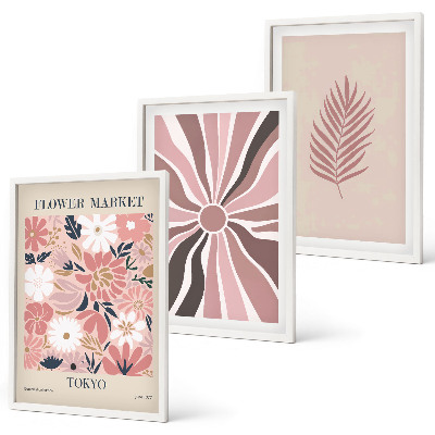 Three-piece wall art piece Floral leaf patterns and geometry
