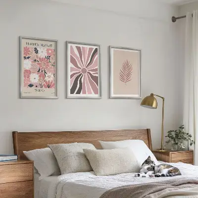 Three-piece floral and geometric wall art set featuring leaf patterns and geometry