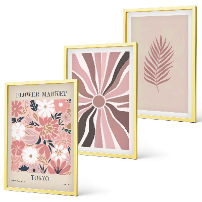 Three-piece wall art piece Floral leaf patterns and geometry