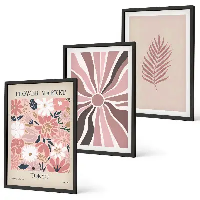 Three-piece floral and geometric wall art set featuring leaf patterns and geometry