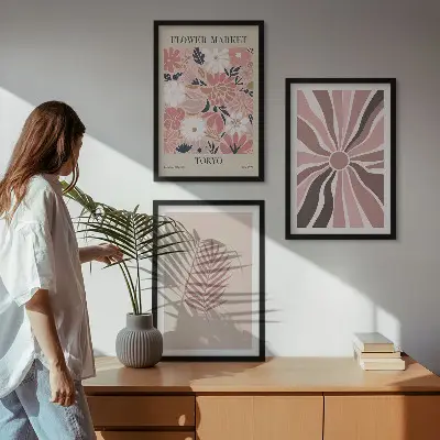 Three-piece floral and geometric wall art set featuring leaf patterns and geometry