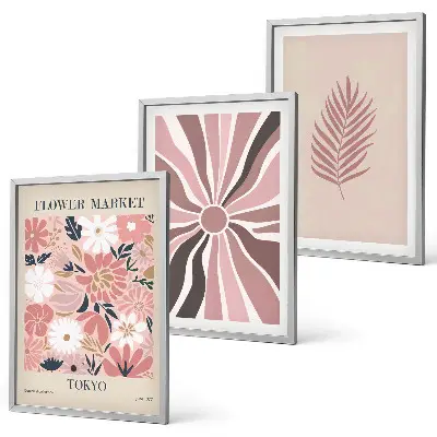 Three-piece floral and geometric wall art set featuring leaf patterns and geometry