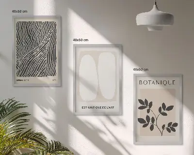 Set of 3 framed wall art pieces with plant patterns and line art designs