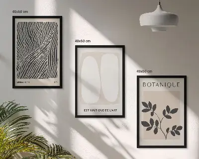 Set of 3 framed wall art pieces with plant patterns and line art designs