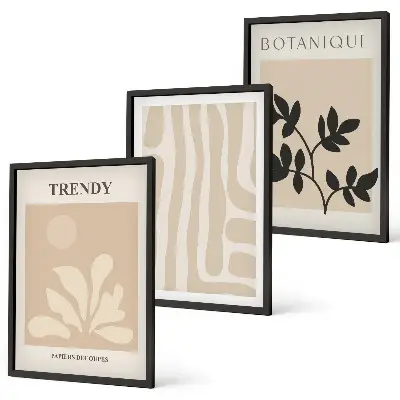 Wall art set with stylish plant patterns in beige and black