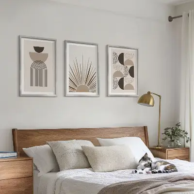 Three-piece wall art set abstract shapes in beige and brown