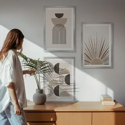 Three-piece wall art set abstract shapes in beige and brown