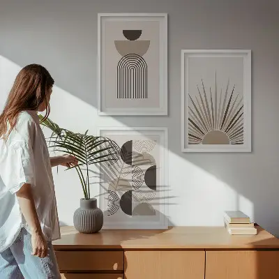 Three-piece wall art piece Abstract shapes beige brown