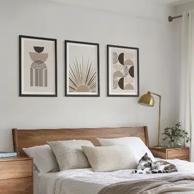 Three-piece wall art set abstract shapes in beige and brown