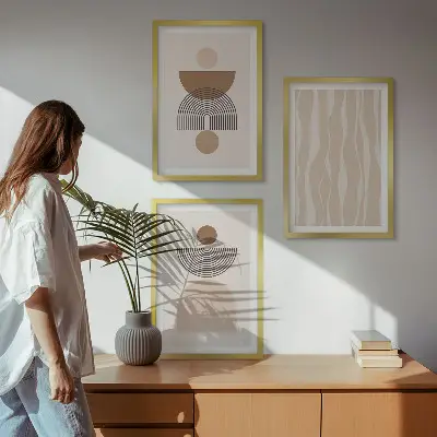 Set of 3 framed wall art pieces Abstract shapes brown beige