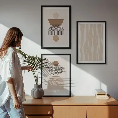 Set of 3 framed wall art pieces featuring abstract brown and beige shapes