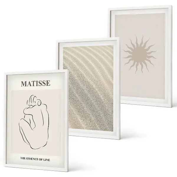 Set of 3 framed wall art pieces minimalist sand lines sun design