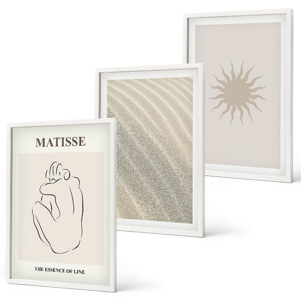 Set of 3 framed wall art pieces Minimalist sand lines sun