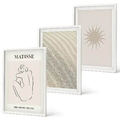Set of 3 framed wall art pieces minimalist sand lines sun design