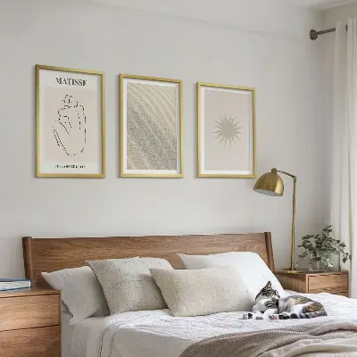 Set of 3 framed wall art pieces minimalist sand lines sun design