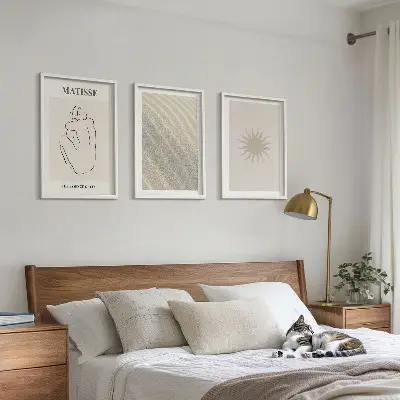 Set of 3 framed wall art pieces minimalist sand lines sun design