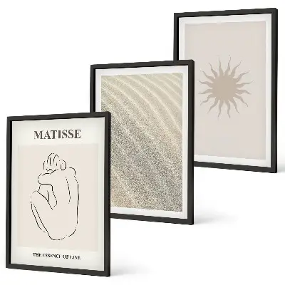 Set of 3 framed wall art pieces minimalist sand lines sun design