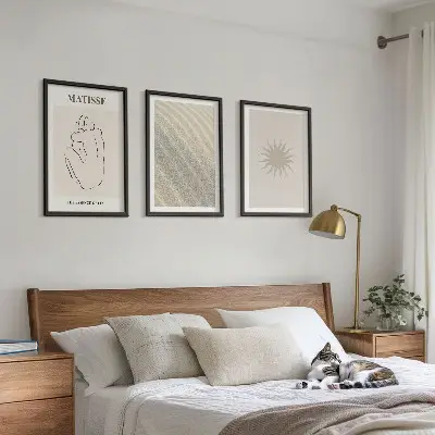 Set of 3 framed wall art pieces minimalist sand lines sun design