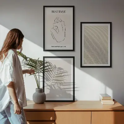 Set of 3 framed wall art pieces minimalist sand lines sun design