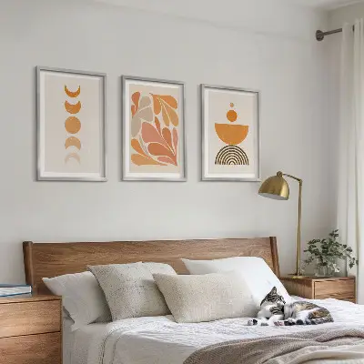 Abstract orange shapes wall art set of 3 framed pieces